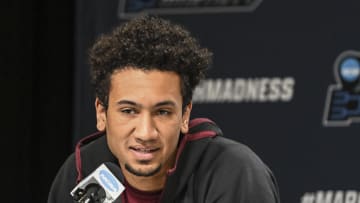 Mar 17, 2022; Milwaukee, WI, USA; Virgina Tech Hokies forward Keve Aluma answers questions during practice before the first round of the 2022 NCAA Tournament at Fiserv Forum. Mandatory Credit: Benny Sieu-USA TODAY Sports