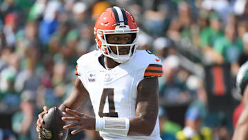Oct 13, 2024; Philadelphia, Pennsylvania, USA; Cleveland Browns quarterback Deshaun Watson (4) against the Philadelphia Eagles  at Lincoln Financial Field. Mandatory Credit: Eric Hartline-Imagn Images