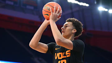 Dec 2, 2025; Syracuse, New York, USA; Tennessee Volunteers forward Nate Ament (10) shoots against the Syracuse Orange during the first half at the JMA Wireless Dome.