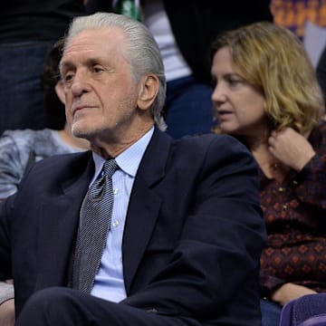 Nov 8, 2017; Phoenix, AZ, USA; Miami Heat president Pat Riley watches a game between the Miami Heat and Phoenix Suns at Talking Stick Resort Arena. Mandatory Credit: Jennifer Stewart-Imagn Images