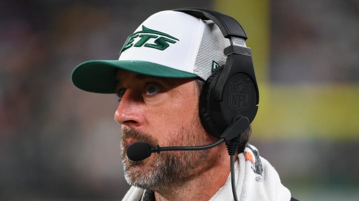 Aug 24, 2024; East Rutherford, New Jersey, USA; New York Jets quarterback Aaron Rodgers (8) looks on against the New York Giants during the second half at MetLife Stadium. Mandatory Credit: Rich Barnes-USA TODAY Sports