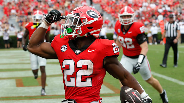 Georgia running back Branson Robinson (22) celebrates after scoring a touchdown.