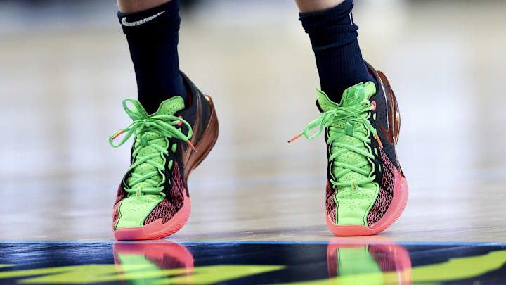 May 16, 2025; Arlington, Texas, USA;  The shoes of Dallas Wings guard Paige Bueckers (5) during the second half against the Minnesota Lynx at College Park Center. Mandatory Credit: Kevin Jairaj-Imagn Images