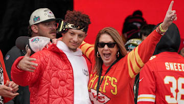 Kansas City Chiefs quarterback Patrick Mahomes celebrates with his mother Randi Martin at the team's Super Bowl parade. 