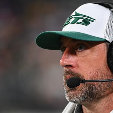 Aug 24, 2024; East Rutherford, New Jersey, USA; New York Jets quarterback Aaron Rodgers (8) looks on against the New York Giants during the second half at MetLife Stadium.