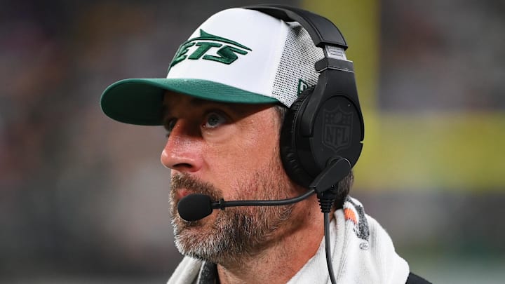 Aug 24, 2024; East Rutherford, New Jersey, USA; New York Jets quarterback Aaron Rodgers (8) looks on against the New York Giants during the second half at MetLife Stadium.