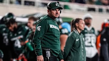 Michigan State head coach Jonathan Smith watches a play against Michigan during the second half at Spartan Stadium in East Lansing on Saturday, October 25, 2025.