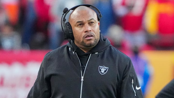 Nov 29, 2024; Kansas City, Missouri, USA; Las Vegas Raiders head coach Antonio Pierce watches play against the Kansas City Chiefs during the second half at GEHA Field at Arrowhead Stadium. Mandatory Credit: Denny Medley-Imagn Images