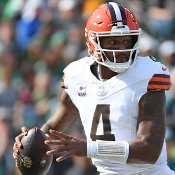 Oct 13, 2024; Philadelphia, Pennsylvania, USA; Cleveland Browns quarterback Deshaun Watson (4) against the Philadelphia Eagles  at Lincoln Financial Field. Mandatory Credit: Eric Hartline-Imagn Images