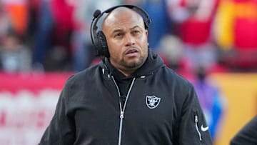 Nov 29, 2024; Kansas City, Missouri, USA; Las Vegas Raiders head coach Antonio Pierce watches play against the Kansas City Chiefs during the second half at GEHA Field at Arrowhead Stadium. Mandatory Credit: Denny Medley-Imagn Images