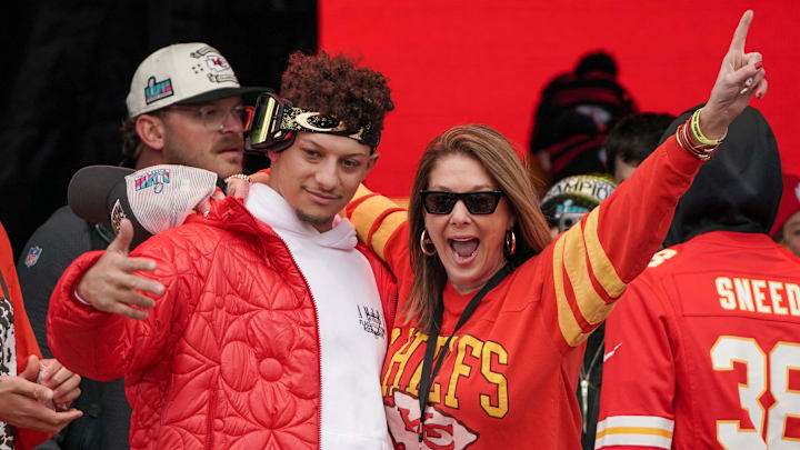 Feb 15, 2023; Kansas City Chiefs quarterback Patrick Mahomes celebrates with his mother Randi Martin during the Kansas City Chiefs Super Bowl parade.