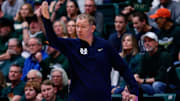Mar 1, 2025; Fort Collins, Colorado, USA; Utah State Aggies head coach Jerrod Calhoun in the second half against the Colorado State Rams at Moby Arena. Mandatory Credit: Isaiah J. Downing-Imagn Images