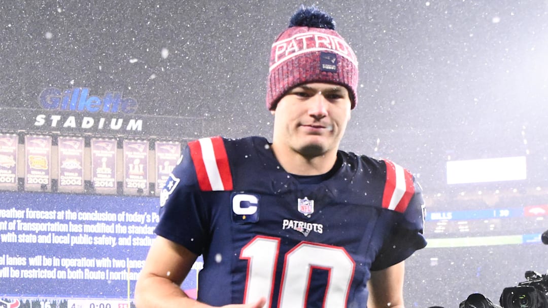 Jan 18, 2026; Foxborough, MA, USA; New England Patriots quarterback Drake Maye (10) leaves the field after defeating the Houston Texans in an AFC Divisional Round game at Gillette Stadium. Mandatory Credit: Brian Fluharty-Imagn Images