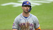 May 20, 2024; Cleveland, Ohio, USA; New York Mets first baseman Pete Alonso (20) reacts after striking out in the eighth inning against the Cleveland Guardians at Progressive Field. Mandatory Credit: David Richard-Imagn Images