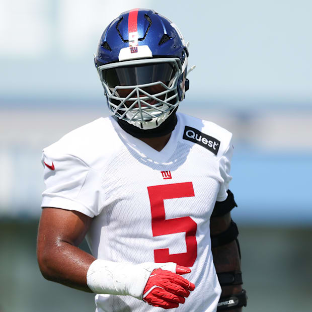 New York Giants EDGE Kayvon Thibodeaux on the field during training camp at Quest Diagnostics Training Center.