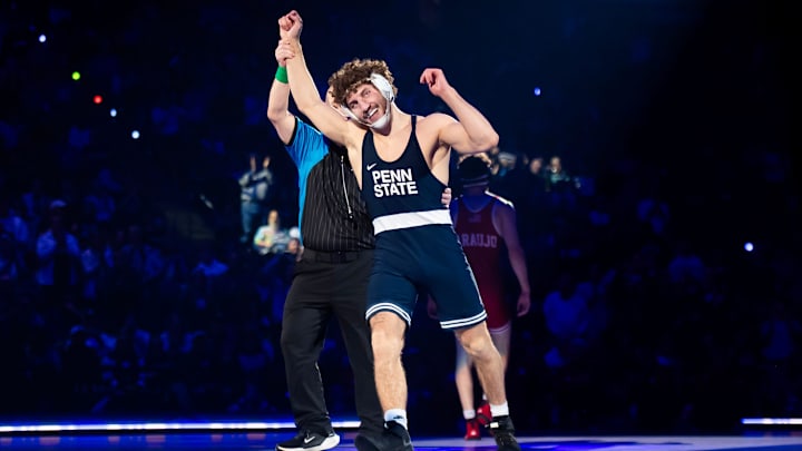 Penn State's Mitchell Mesenbrink defeats Nebraska's LJ Araujo in the 165-pound bout during a Big Ten dual meet on January 30, 2026, in State College. Penn State won the dual, 26-12.