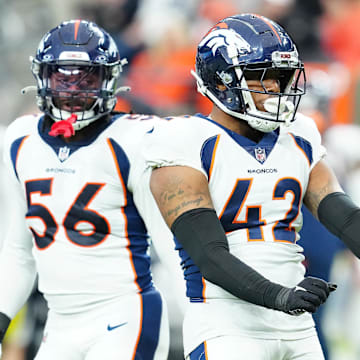 Jan 7, 2024; Paradise, Nevada, USA; Denver Broncos linebacker Nik Bonitto (42) celebrates after getting a sack against the Las Vegas Raiders during the second quarter at Allegiant Stadium. Mandatory Credit: Stephen R. Sylvanie-Imagn Images