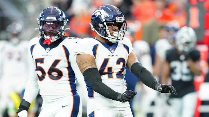 Jan 7, 2024; Paradise, Nevada, USA; Denver Broncos linebacker Nik Bonitto (42) celebrates after getting a sack against the Las Vegas Raiders during the second quarter at Allegiant Stadium. Mandatory Credit: Stephen R. Sylvanie-Imagn Images