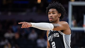 Oct 13, 2025; Indianapolis, Indiana, USA; San Antonio Spurs guard Dylan Harper (2) in the first half against the Indiana Pacers at Gainbridge Fieldhouse. Mandatory Credit: Trevor Ruszkowski-Imagn Images