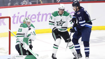 Nov 28, 2023; Winnipeg, Manitoba, CAN; Dallas Stars goaltender Jake Oettinger (29) blocks a shot by