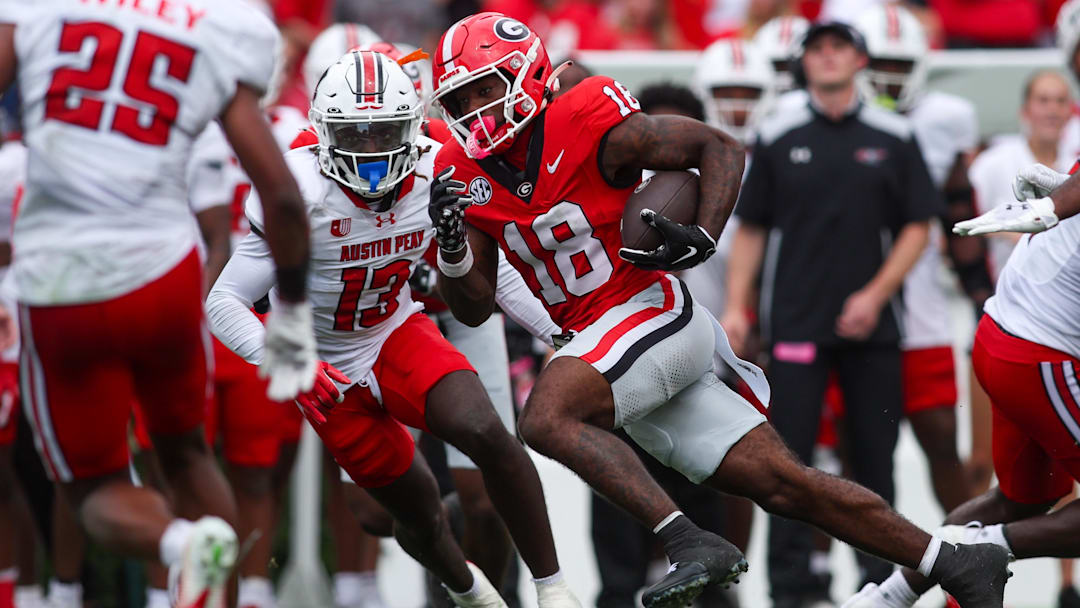 Sep 6, 2025; Athens, Georgia, USA; Georgia Bulldogs wide receiver Sacovie White-Helton (18) runs after a catch against the Austin Peay Governors in the first quarter at Sanford Stadium. Mandatory Credit: Brett Davis-Imagn Images