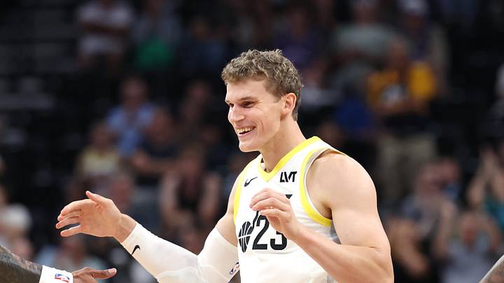 Oct 7, 2024; Salt Lake City, Utah, USA; Utah Jazz forward Lauri Markkanen (23) reacts to a dunk against the Houston Rockets during the third quarter at Delta Center. Mandatory Credit: Rob Gray-Imagn Images