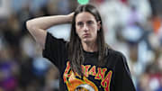Sep 18, 2025; College Park, Georgia, USA; Indiana Fever guard Caitlin Clark (22) shown on the court against the Atlanta Dream during the first half during game three of round one for the 2025 WNBA Playoffs at Gateway Center Arena at College Park. Mandatory Credit: Dale Zanine-Imagn Images