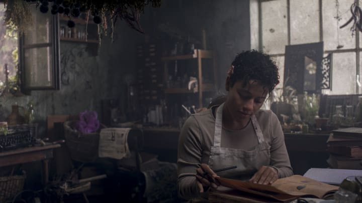 Ariana DeBose as Chef sitting down at a desk, looking at a book, she wears an apron over a long-sleeve shirt, flower in hair