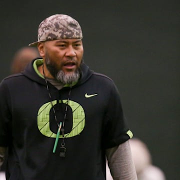 Oregon defensive line coach Tony Tuioti leads practice with the Ducks Thursday, April 20, 2023 at the Moshofsky Center in Eugene, Ore.

Sports Spring Football