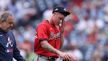 May 29, 2025; Philadelphia, Pennsylvania, USA; Atlanta Braves pitcher AJ Smith-Shawver (32) leaves the game during the third inning against the Philadelphia Phillies at Citizens Bank Park. Mandatory Credit: Bill Streicher-Imagn Images