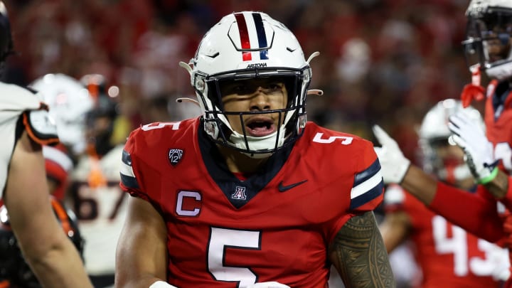 Oct 28, 2023; Tucson, Arizona, USA; Arizona Wildcats linebacker Jacob Manu #5 celebrates a tackle for loss during the second half at Arizona Stadium