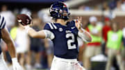 Aug 31, 2024; Oxford, Mississippi, USA; Mississippi Rebels quarterback Jaxson Dart (2) passes the ball against the Furman Paladins during the first half at Vaught-Hemingway Stadium. Mandatory Credit: Petre Thomas-USA TODAY Sports