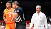 Tennessee head coach Rick Barnes yells at the referees during a NCAA Tournament Elite Eight game between Tennessee and Houston at Lucas Oil Stadium in Indianapolis, Ind., on Sunday, March 30, 2025.