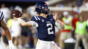 Aug 31, 2024; Oxford, Mississippi, USA; Mississippi Rebels quarterback Jaxson Dart (2) passes the ball against the Furman Paladins during the first half at Vaught-Hemingway Stadium. Mandatory Credit: Petre Thomas-USA TODAY Sports