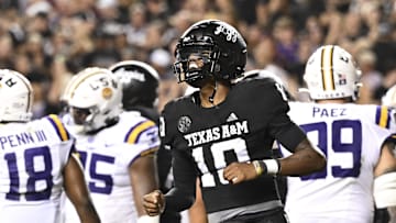 Oct 26, 2024; College Station, Texas, USA; Texas A&M Aggies quarterback Marcel Reed (10) reacts against the LSU Tigers during the third quarter. The Aggies defeated the Tigers 38-23; at Kyle Field. Mandatory Credit: Maria Lysaker-Imagn Images. 