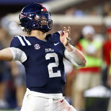 Aug 31, 2024; Oxford, Mississippi, USA; Mississippi Rebels quarterback Jaxson Dart (2) passes the ball against the Furman Paladins during the first half at Vaught-Hemingway Stadium. Mandatory Credit: Petre Thomas-USA TODAY Sports