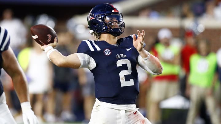 Aug 31, 2024; Oxford, Mississippi, USA; Mississippi Rebels quarterback Jaxson Dart (2) passes the ball against the Furman Paladins during the first half at Vaught-Hemingway Stadium. Mandatory Credit: Petre Thomas-USA TODAY Sports