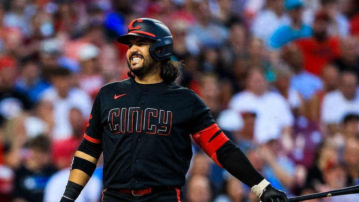 Aug 14, 2026; Cincinnati, Ohio, USA; Cincinnati Reds designated hitter Eugenio Suarez (28) reacts after striking out in the eighth inning against the Miami Marlins at Great American Ball Park. Mandatory Credit: Katie Stratman-Imagn Images