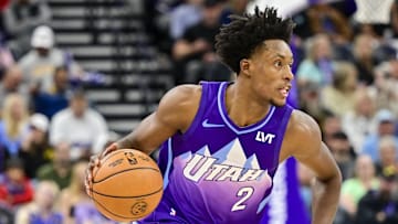 Nov 27, 2024; Salt Lake City, Utah, USA; Utah Jazz guard Collin Sexton (2) dribbles the ball against the Denver Nuggets during the second half at the Delta Center. Mandatory Credit: Christopher Creveling-Imagn Images