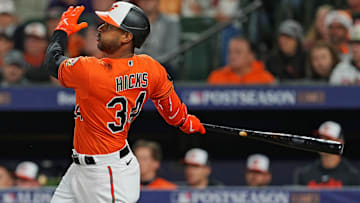 Oct 8, 2023; Baltimore, Maryland, USA; Baltimore Orioles center fielder Aaron Hicks (34) hits a