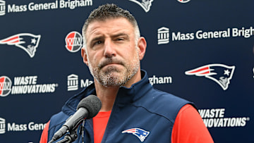 Jun 9, 2025; Foxborough, MA, USA; New England Patriots head coach Mike Vrabel holds a press conference before minicamp at Gillette Stadium. Mandatory Credit: Eric Canha-Imagn Images