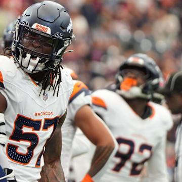 Nov 2, 2025; Houston, Texas, USA; Denver Broncos linebacker Dre Greenlaw (57) reacts after a play during the first half against the Houston Texans at NRG Stadium. 