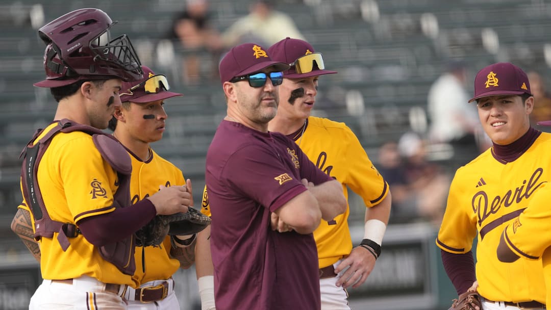 Arizona State manager Willie Bloomquist makes a pitching change during the seventh inning against Ohio State at Phoenix Municipal Stadium on Sunday, Feb. 16, 2025.