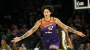 Phoenix Mercury center Brittney Griner (42) celebrates after a three point basket against the Seattle Storm during the first quarter at Footprint Center in Phoenix on Sunday, June 16, 2024.