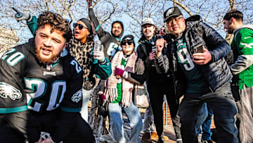 Fans celebrate the Philadelphia Eagles Super Bowl Championship with a parade along Benjamin Franklin Parkway set to end at the Philadelphia Museum of Art on Friday, Feb. 14, 2025.