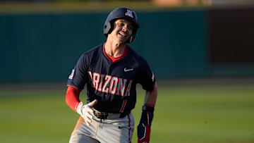 Arizona's Garen Caulfield (1) runs to third base against Grand Canyon during the first inning at GCU Ballpark in Phoenix, on April 1, 2025.