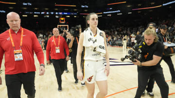 Jun 30, 2024; Phoenix, Ariz., U.S.; Indiana Fever guard Caitlin Clark (22) walks off the court after beating the Phoenix Mercury 88-82 at Footprint Center. Mandatory Credit: Michael Chow-Arizona Republic