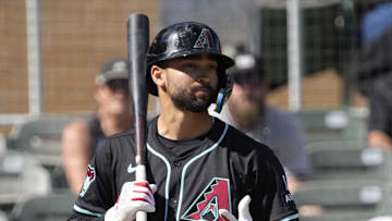 Arizona Diamondbacks shortstop Jordan Lawlar (10) prepares to bat against the Cleveland Guardians during a spring training game at Salt River Fields on Feb. 24, 2025.