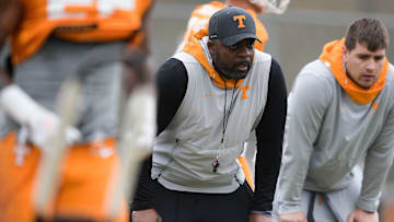 Tennessee running backs coach Jerry Mack during Tennessee football spring practice at Haslam Field in Knoxville, Tenn. on Tuesday, April 5, 2022.