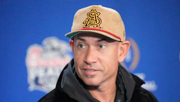 Arizona State offensive coordinator Marcus Arroyo answers questions during media day for the Chick-fil-A Peach Bowl in Atlanta on Monday, Dec. 30, 2024.